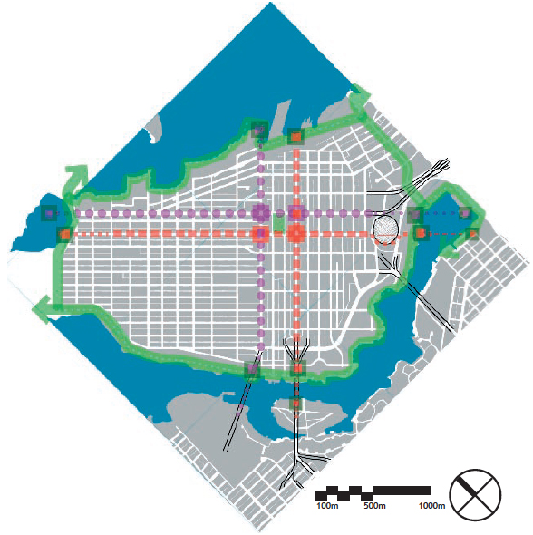 The Double Cross creates a civic geometry for Vancouver’s downtown. A completed SeaWall/Greenway loop would turn these cores into spokes of a public open space “wheel”.Purple = Ceremonial / Red = Retail / Green = Greenway Seawall [Design: Brendan Hurley 2008]