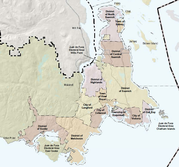 Municipal boundary map of around Victoria.
