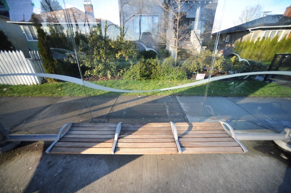 These benches, designed to prevent homeless people from sleeping on them, represent another way that people are excluded from using space. This example is from Vancouver, though Kingwell illustrated their use elsewhere. [Image: Katherine Burnett]