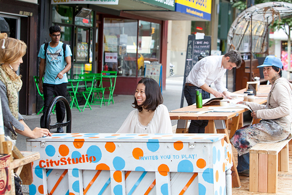 Robson temporary public space included eating, art, and music space.  Image: Eric Scott Photography