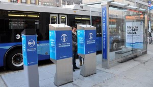 New York’s 34th Avenue Bus Rapid Transit System sidewalk fare machines. Click to enlarge.