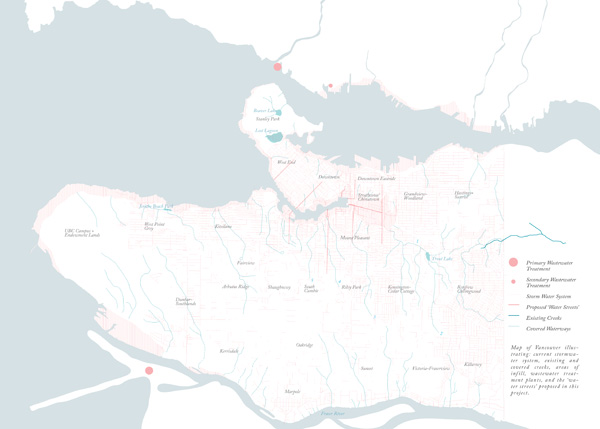 Map of Vancouver illustrating the current stormwater system, existing and covered creeks, areas of infill, and wastewater treatment plants.