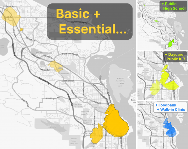 15: walk zones for basic + essential amenities (gold), and people who also need: a public high school (green); a daycare &amp; public K-7 (yellow); a foodbank &amp; walk-in clinic (blue).