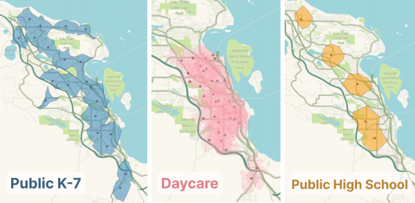 Maps of 15: walk zones for: public K-7; daycare; public high school.