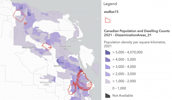 15: walk zones for essential and basic amenities overlaid on ArcGIS ESRI 2021 population density map.