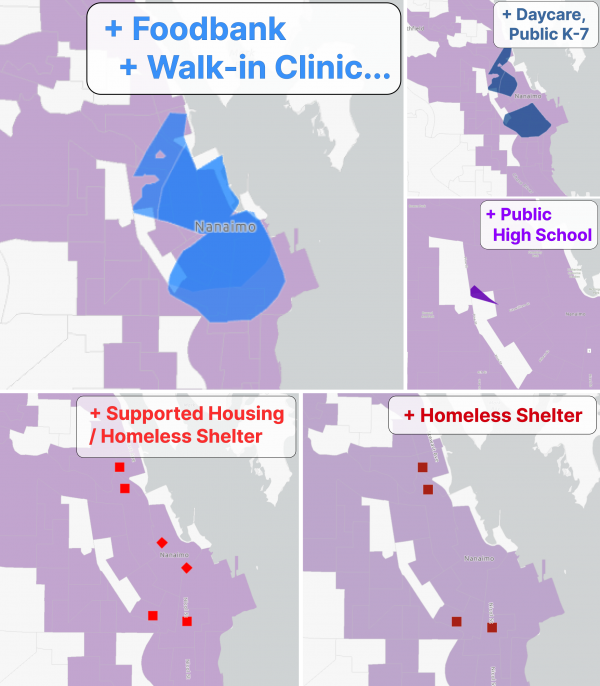 15: walk zones for people who need a foodbank + walk-in clinic (light blue), and: a daycare or public K-7 (dark blue); public high school (purple); supported housing or homeless shelter (light red); a homeless shelter (darker red).