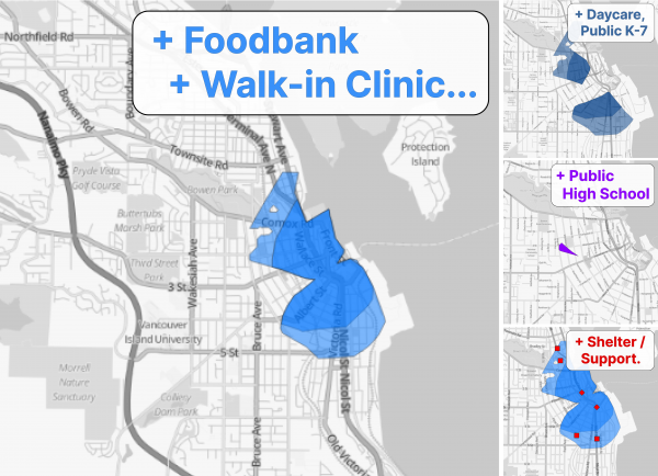 15: walk zones for people who need a foodbank &amp; walk-in clinic and: a daycare &amp; public K-7 (grey-blue); a public high school (purple); a shelter or supported housing (red squares and diamonds).