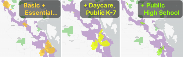 15: walk zones for basic + essential amenities, and for people who also need: a daycare or public K-7; a public high school.