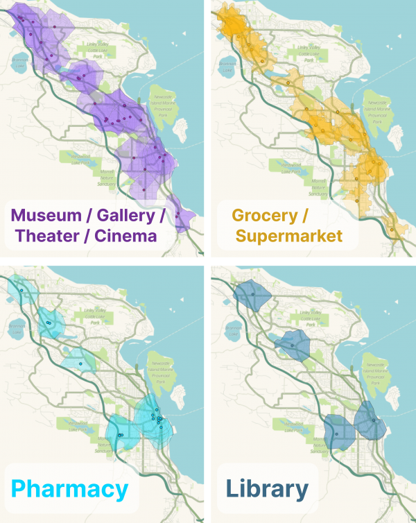 Maps of 15: walk zones for: museum or gallery or theater or cinema; grocery or supermarket; pharmacy; library.