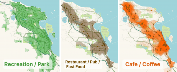 Maps of 15: walk zones for: recreation or park; restaurant or pub or fast food; cafe or coffee.
