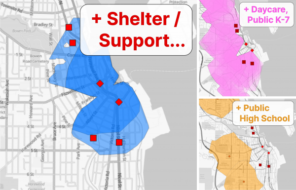 15: walk zones for people who a shelter or supported housing and also: a daycare or public K-7; a public high school.