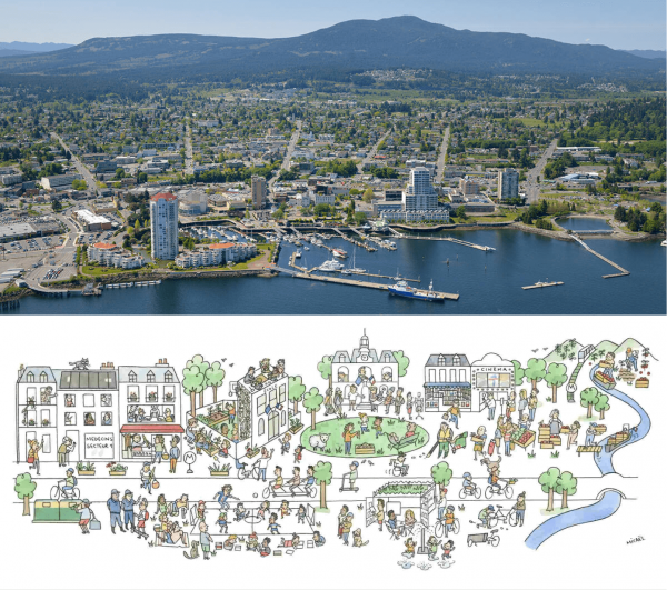 Downtown Nanaimo and harbor. Source: marinas.com; La ville du quart d’heure en images.