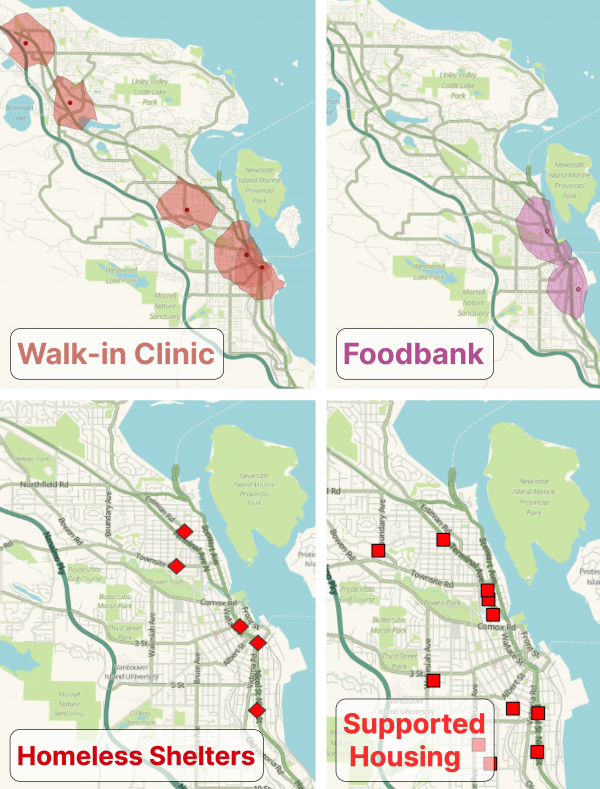 Maps of 15: walk zones for: walk-in clinics; foodbanks; homeless shelters; supported housing.