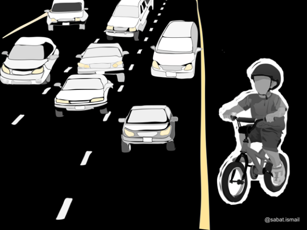 Illustration of child cycling beside car traffic