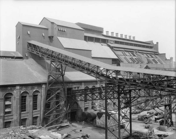 East side of Retort House, Station A, Front Street East and Berkeley Street, showing coal conveyor and new roof configuration, 1930