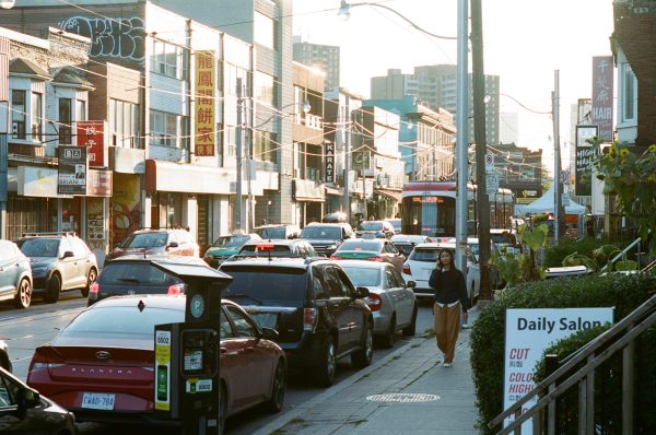 Traffic, Gerrard East looking west toward Broadview, 2023