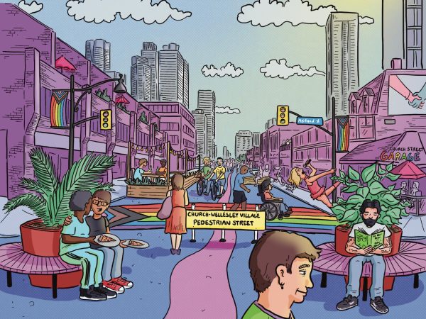 Illustration of Church Street pedestrianized, with a lot of activity