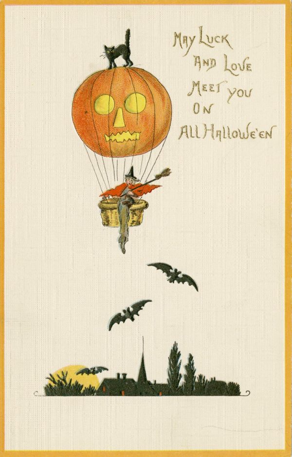 Witch travelling in jack-o-lantern hot air balloon